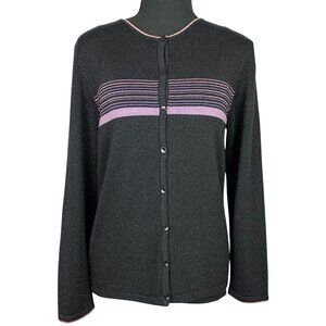 Metallic Black Purple Striped Buttoned Cardigan
